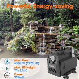 VCRAZE Submersible Water Pump 600GPH/35W Fountain Pumps with Flow Control, Pond Pump Submersible Outdoor with 10ft 3-Core Power cable for Hydroponics, Aquarium, Waterfall, Statuary, Water feature