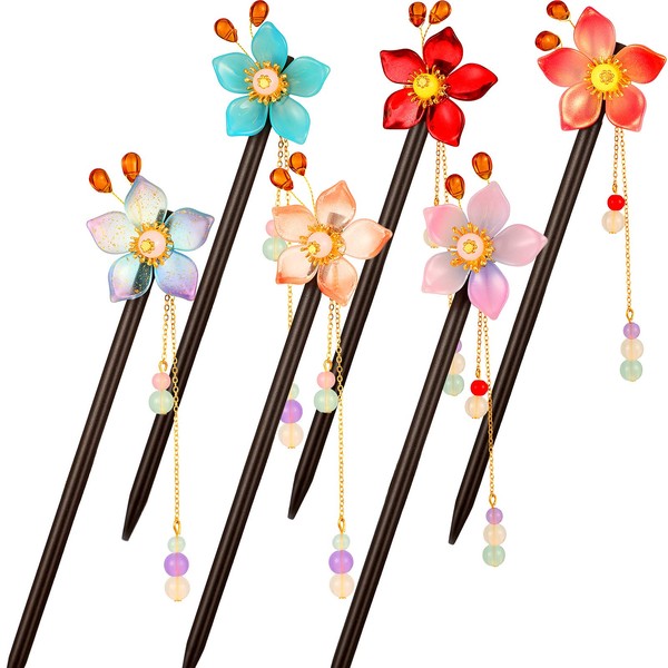 6 Pieces Chinese Traditional Flower Hair Sticks Vintage Wooden Hairpin Handmade Chinese Hair Stick Hair Chopsticks Flower Hair Styling Pins for Women Girls (Classic Style)