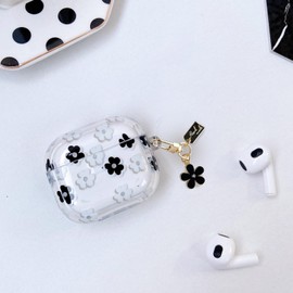 ECZOIL Cute Case Compatible for AirPods Pro 1st/2nd Gen, Black & White Flower Soft Clear TPU Headphone Protective Case with Flower Keychain