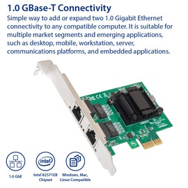 IO CREST 2 Port Gigabit Ethernet PCI-e x1 Network Card Intel 82571 Chipset, (SY-PEX24074)