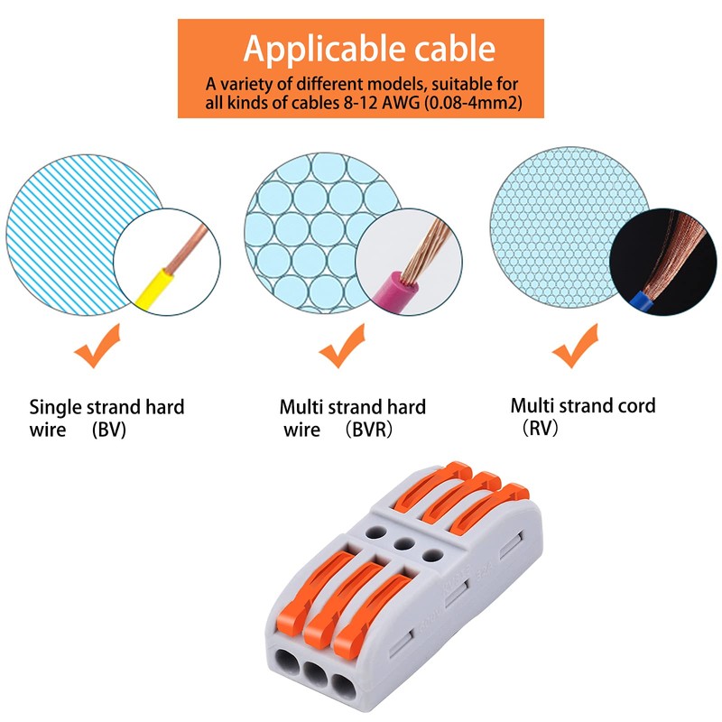 100 Pack Push-in Wire Connectors, 3 in 3 Out Compact