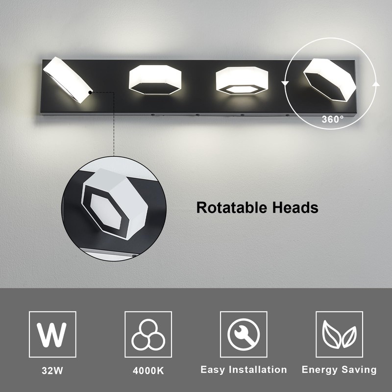 Lanhall 4-Light LED Bathroom Light Fixture Modern Black Vanity Light