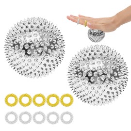 Pack of 2 Metal Hedgehog Balls, 32 mm Acupressure Ball, Small Hedgehog Ball, Hard Magnetic Spiked Massage Ball, Skill Ball, Massage Ball for Stress Relief or Massage and Back Legs Feet Hands (Silver)