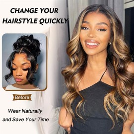 Mayouda V Part Long Body Wavy Wig Synthetic V Shap Wigs for Black Women Full Head Clip In Hair Glueless Synthetic Wigs Highlight Blonde (Brown With Blonde)