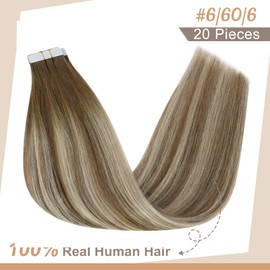 Fshine Tape Extensions, Real Hair Skin Weft Tape Ins, 20 Pieces, Balayage Medium Brown Transitioning to Platinum Blonde Highlight with Medium Brown, 50 cm, 100 g, Remy Invisible Tape Extensions