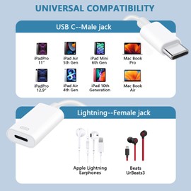 USB C to Lightning Headphone Audio Adapter for iPhone 16 15 Plus Pro Max with Charge Data,Type C Male to Female Lightning Earphone Converter Dongle for iPad Pro Air Mini MacBook