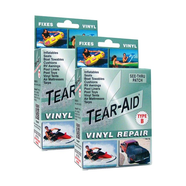 TEAR-AID Vinyl Repair Kit, Type B Clear Patch for Vinyl and Vinyl-Coated Materials, Works on Vinyl Tents, Awnings, Air Matresses, Pool Liners & More, Green Box, 2 Pack