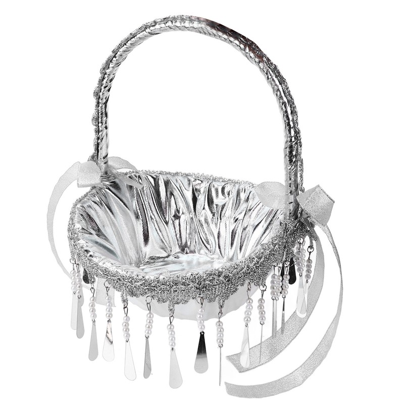 Wedding Flower Girl Basket Silver Hand Flower Basket Romantic Rhinestone