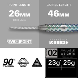 TARGET Darts Rove Steel Tip Swiss Point Darts, 90% Tungsten Dart Set, Barrel 02-25G | Steel Tip Dart Sets, Green & Silver Darts, Professional Dart Set with Swiss Points & Tool