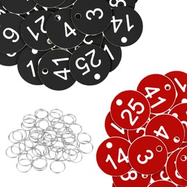 Flintronic Pack of 50 Plastic Number Plates, Plastic ID Number Plates, Small Waterproof Number Tags, ID Tags with Hole, with Key Rings, for Wardrobe Hotel (Black, 1-25/Red, 1-25)