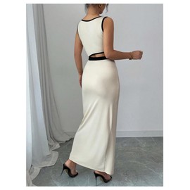 GORGLITTER Women's Color Block Bodycon Maxi Dress Sleeveless Cut Out Ruched Summer Church Easter Graduation Long Dress Apricot Medium