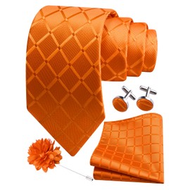 GUSLESON Mens Orange Tie for Wedding Solid Silk Plaid Checkered Necktie Pocket Square Cufflinks and Lapel Pin Brooch Set (6104-23)