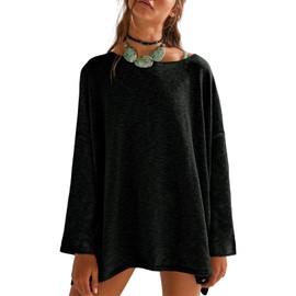 Tankaneo Womens Long Sleeve Shirts Oversized Lightweight Sweaters Crewneck Side Slit Hem Casual Blouse Tunic Tops Black
