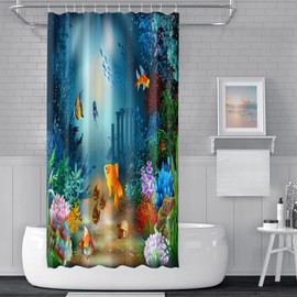 SDOTPMT 105x160cm Cute Tropical Fish Shower Curtain Green Seaweed Colorful Coral Bath Curtain Maine Creature Underwater Scenery Bathtub Curtain for Kids Bathroom Decor Fabric Polyester with Hooks
