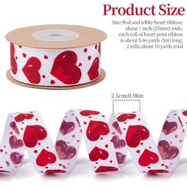 CABODYALS About 9.14M 1 Inch Red White Heart Ribbon Print Pattern Ribbon Single Face Polyester Satin Ribbons Bundle Rolls with Spool for Valentines Day Craft Wreath Decoration Wedding Gift Wrapping