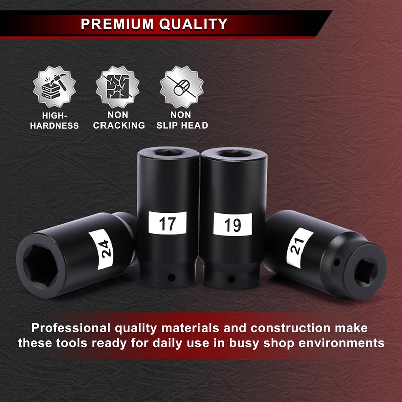 AIRTOON 6PCS 1/2’’ Drive Crank Bolt Socket Set, 17MM, 19MM,