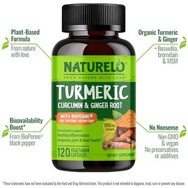 NATURELO Curcumina de cúrcuma orgánica – BioPerina para una mejor absorción – Curcuminoides, pimienta negra, polvo de jengibre – Alivio natural para a