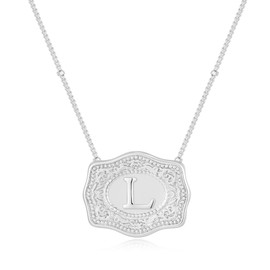 Belt Buckle Necklace With Initial For Women, 18k Gold Plated Mini Embossed Letter Pendant Western Charm Gift Jewelry, Medium, Copper, No Gemstone