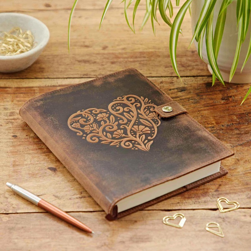 Embossed Heart Genuine Buffalo Leather Refillable Journal - Handcrafted Notebook