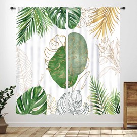 Cortinas de recámara con plantas tropicales, modernas bohemias, abstractas, hojas doradas, palmeras tropicales, de mediados de siglo, tratamiento minimalista para ventana, sala de estar, cocina, baño