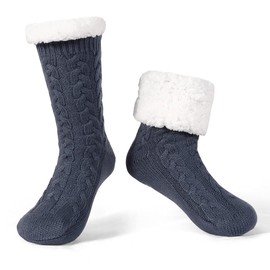 LEMZONE Men's Warm Cozy Slipper Socks Non Slip Winter Fuzzy Fleece Lining Cabin Sock with Grips