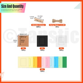 Tanstic Pack of 40 3 Inch Colourful Paper Photo Frame Cardboard Photo Frame Hanging Photo Display Frame with Wooden Clips and String for Home Office Party Decor