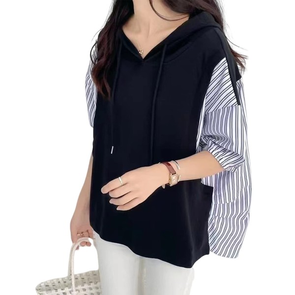xppe Women's Short Sleeve Hoodie, Top, V-Neck, Hooded, Switching Stripes, Plain, Korean Fashion, Casual, Body Cover, Loose, Spring, Summer, Autumn, Going Out, Office, Commuting to Work or School, Black