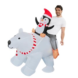 DAHAKII Christmas Inflatable Penguin Riding on Polar Bear Costume Christmas Blow-Up Costume for Adult/Christmas Parade/Halloween