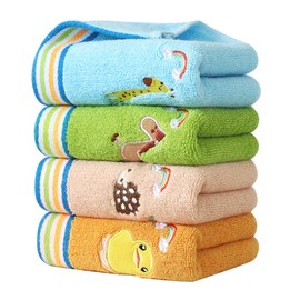 Guaksxi Pack of 4 Face Cloths Children's Towels Soft 4 Colours Children's Bath Towels 100% Cotton Face Towels Baby Bath Towel for Children (25 x 50 cm, Colourful Animal)