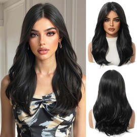 OUFEI Black Wig for Women with Curtain Fringe Natural Straight Curly Synthetic Hair Heat Resistant Wigs for Daily Party Cosplay Wear