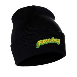 I&W Classic USA Cities Winter Knit Cuffed Beanie Hat 3D Raised Layer Letters, Green Bay Black, Green Gold