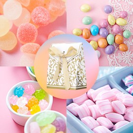 50pcs Wedding Favour Candy Boxes Party Treat Boxes Sweet Packaging Gift Boxes with Ribbon Small Treats Boxes Creative Party Gift Bags for Wedding Baby Shower Birthday Christmas Party Favor Supplies