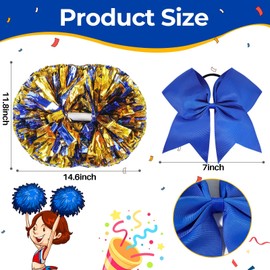Oaoleer 3pcs Cheerleading Pom Poms with Baton Handle Cheer Bows for Team Spirit Sports Dance Cheering Kids Adults (Blue and Gold)