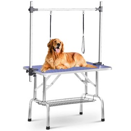 mydearpet Pet Dog Grooming Table, Adjustable Large Heavy Duty Professional Foldable Trimming Stage with Arms, Noose, Mesh Tray, Maximum Capacity Up to 330LBS, 42''/Blue