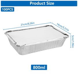 LOPYXBR Pack of 100 Aluminium Trays Grill Small, Aluminium Bowls with Lids 800 ml, 21 x 14 x 5 cm Aluminium Grill Trays, Grill Trays, Aluminium Disposable for Baking, Roasting, Cooking, Grilling,