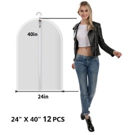 MsKitchen Clear Garment Bags Clothes Covers Protecting Dusts (Set of 12) for Storage Plastic Garment Bags Hanging Clothes Bags Dress Bag for Gowns Long with Zipper for Closet - 24'' x 40''/12 Pack