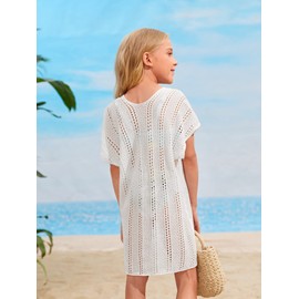 SOLY HUX Girl's V Neck Crochet Short Sleeve Beach Dress Summer Swimsuit Bikini Cover Up White Plain 130