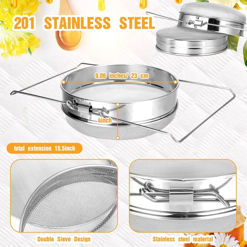 Stainless Steel Honey Strainer, Double Sieve Mesh Filter, Bee Keeping