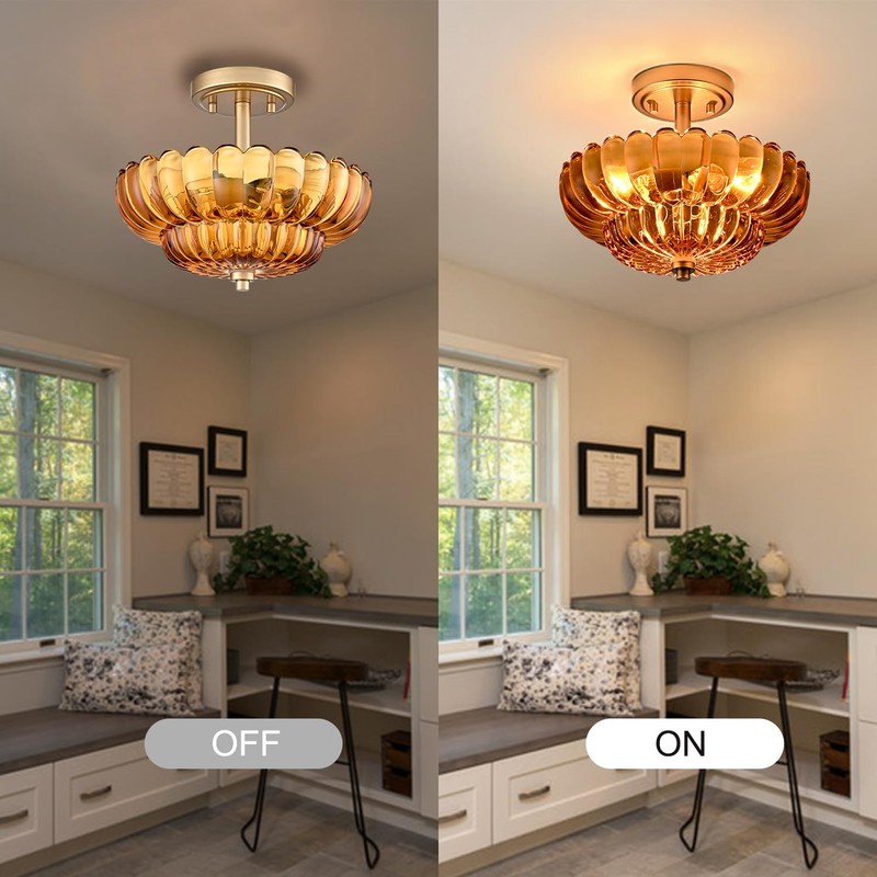 Semi Flush Mount Ceiling Light Fixture, Amber Glass 3-Light Modern