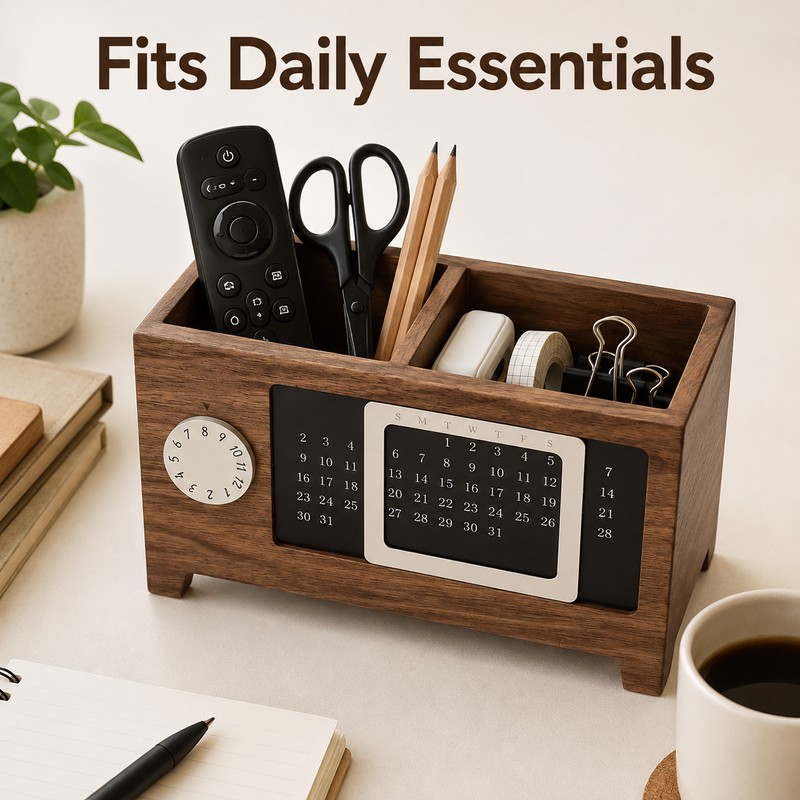 Wooden Desk Organizer with Calendar for Pens & Remotes -