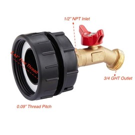 275-330 Gallon IBC Tote Water Tank Adapter, 2.44'' Fine Thread Hose Shut Off Valve, IBC Tote to Garden Hose Adapter 1/2” NPT w/ 3/4 GHT Brass Water Spigot Ball Valve, Hose Connector Garden Faucet