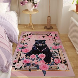 Vowkten Area Rug 4x6 Rug Washable Retro Lavish Leopard Rugs Non Slip Low Pile Floral Animal Small Carpet for Bedroom, Bedside, Kids Room, Office, Dining Room (Black Pink)