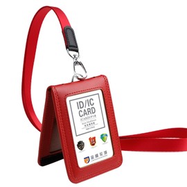 Porta Gafete con Cordón,Tarjetero de Cuero Genuino,Soporte para Tarjetas de Identificación con Ventana Vertical Transparentepara el Cuello para Oficina, Negocios, Trabajo (Rojo)