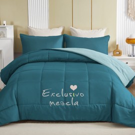 Exclusivo Mezcla Lightweight Reversible 3-Piece Comforter Set All Seasons, Down Alternative Comforter with 2 Pillow Shams, King Size, Dusty Teal/Aqua Blue
