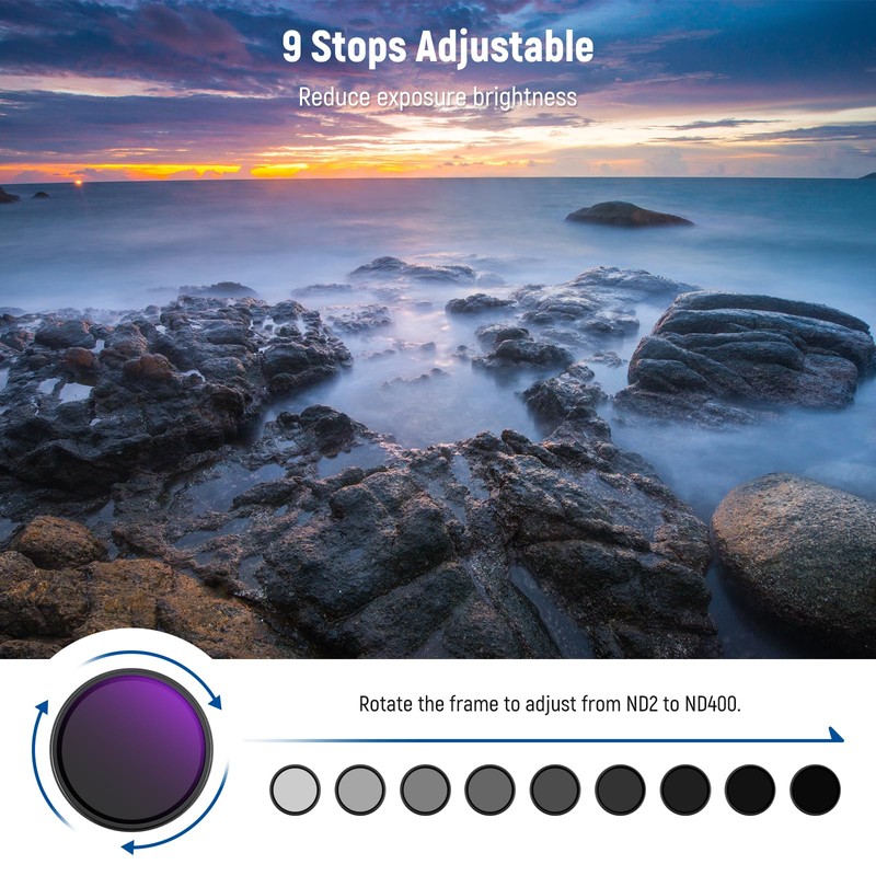 NEEWER 82mm Variable ND Filter ND2-400 (1-9 Stops) with 3x