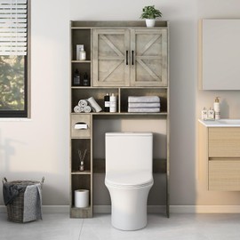 Over The Toilet Storage Cabinet, Farmhouse Storage Cabinet Over Toilet with 2 Barn Door & Toilet Paper Holder Stand，Home Space-Saving Toilet Rack, for Bathroom, Restroom, Laundry