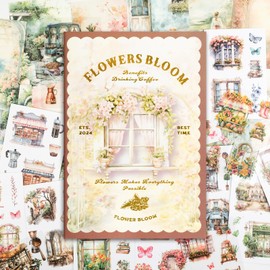 RISYPISY 54 Sheets Scrapbooks Supplies Kit, Precut PET/Washi Stickers, Flower Junk Journal Sticker for Adult Planner DIY Crafts Ephemera Floral Decorative Paper for Scrapbooking