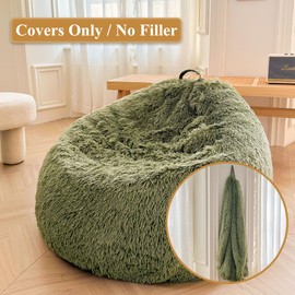 XeGe Comfy Bean Bag Cover(No Filler), Fluffy Stuffed Animal Storage Bean Bag Chair Cover for Bedroom Home Decor, Furry Fuzzy Bean Bag Cover for Adults Teens Kids, 100% Polyester, Anti-slip, Sage Green