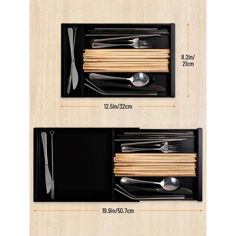 Kunoli Cutlery Organiser, Expandable Cutlery Tray (Black)