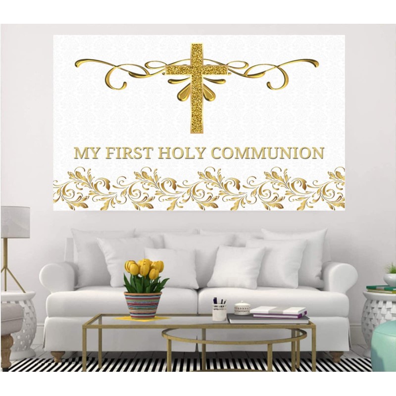 My First Holy Communion Photography Backdrop Gold Glitter Cross Gold
